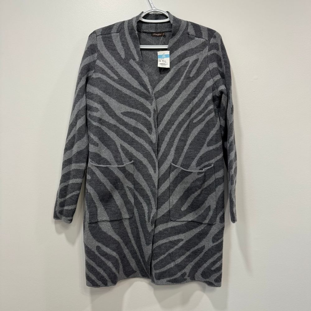 J Mclaughlin Women Hallie Sweater XS Wool Cardigan Long Line Zebra Gray Jacquard